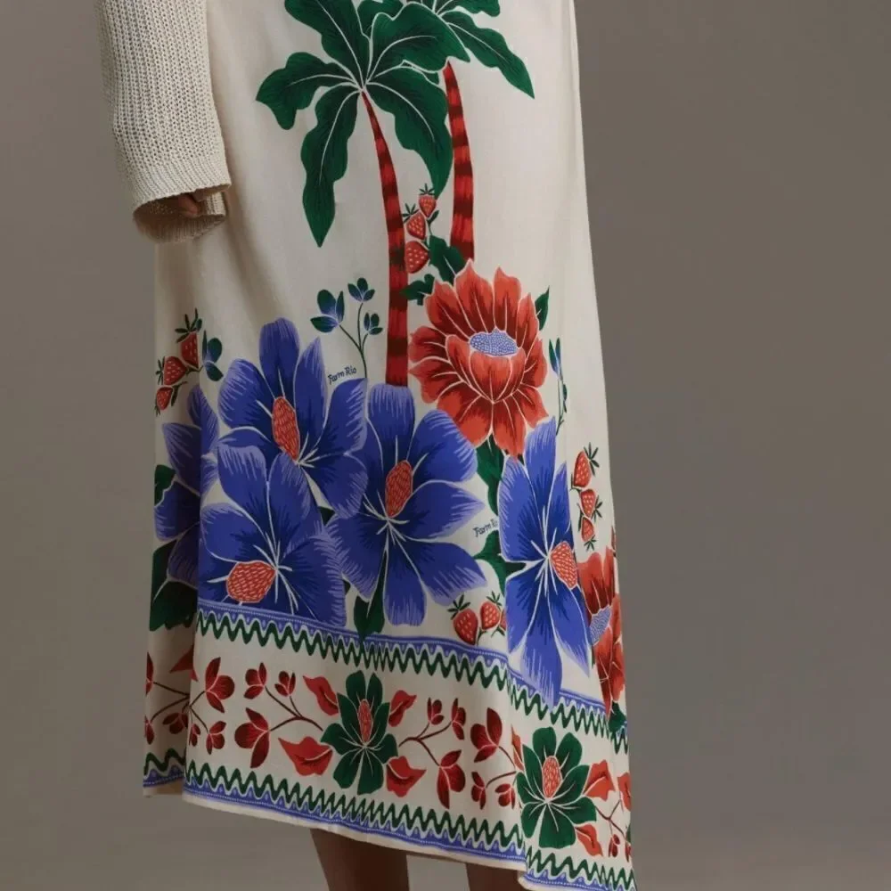 FARM Rio Satin Slip Floral Midi Skirt NWT
